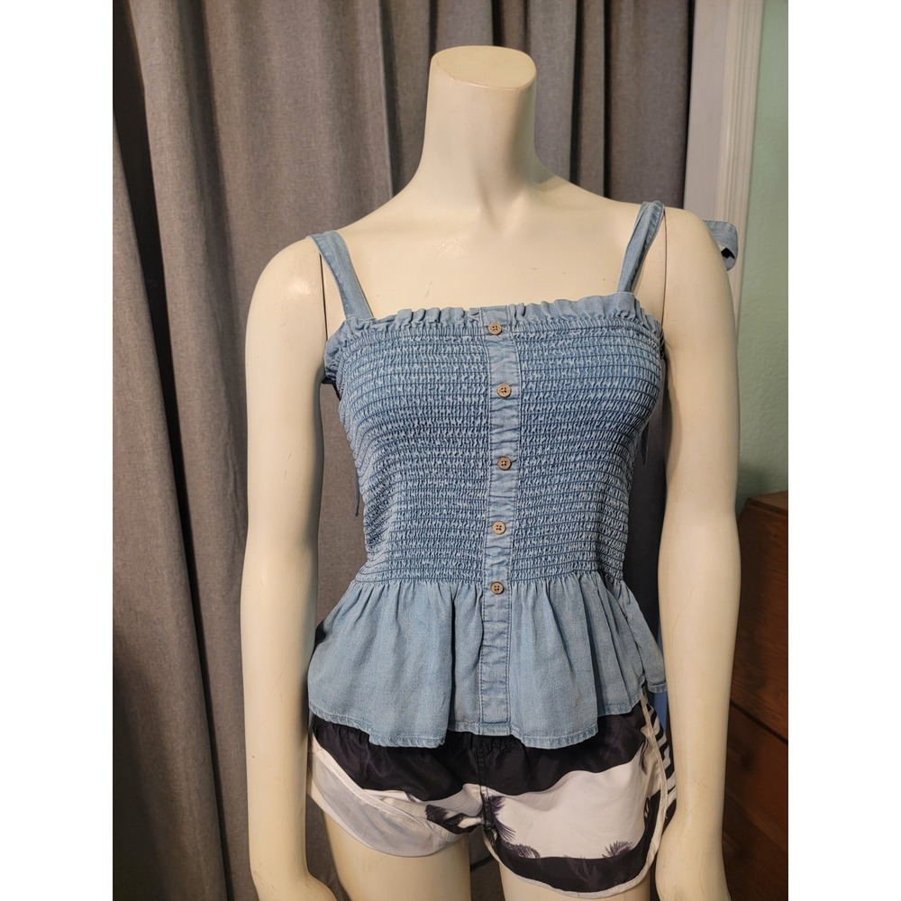 Chambray Blue Smocked Sleeveless Babydoll Top Indigo Rising Cottage Y2K Whimsy S